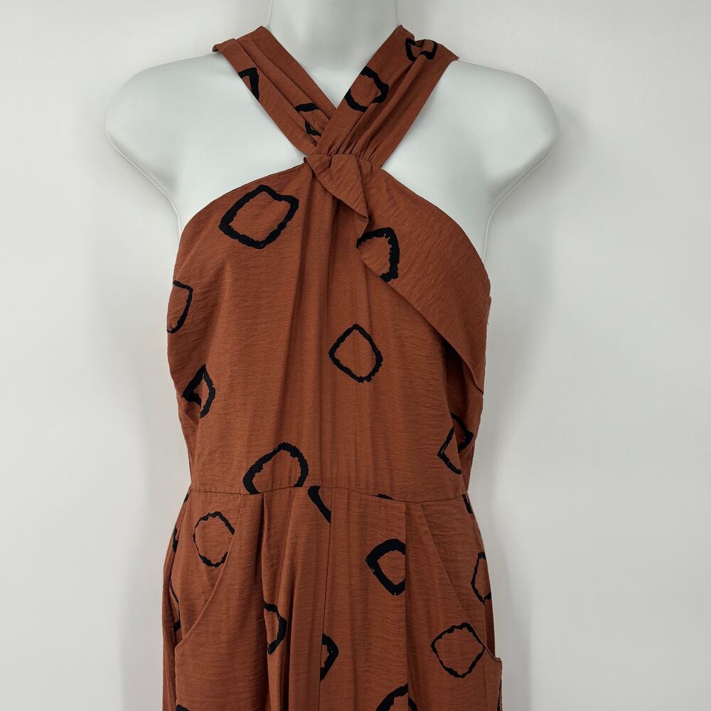 New Eva Franco Jumpsuit Anthropologie Tan Brown Geometric - Picture 2 of 12